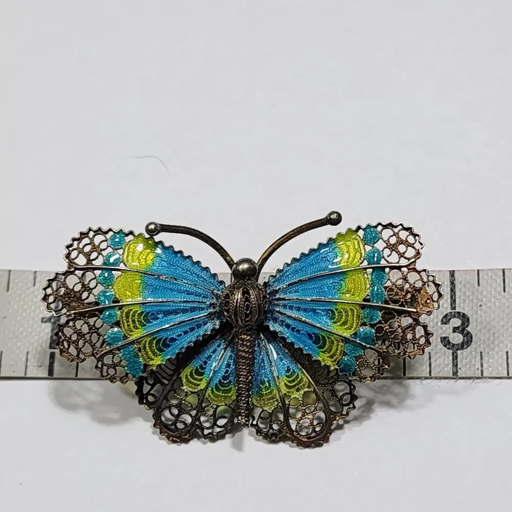 Vintage 800 Silver Butterfly Brooch Filigree Plique A Jour Enamel Blue Green